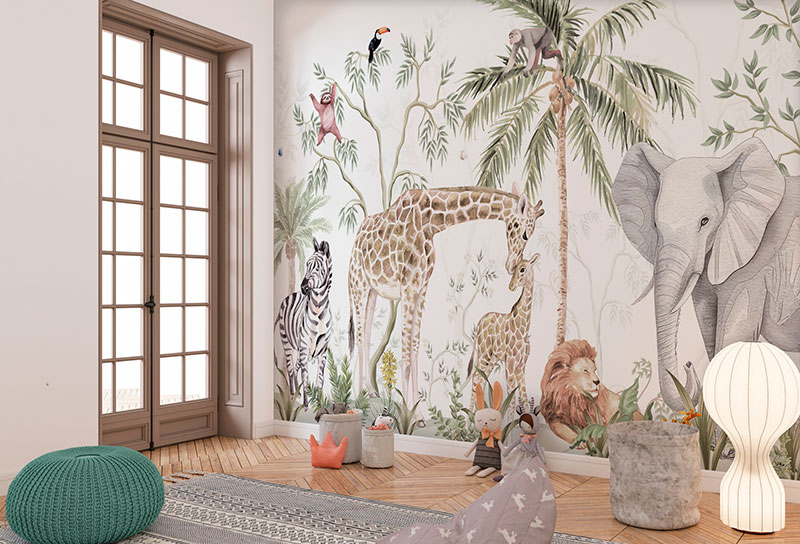 Papel pintado infantil amigos en la selva